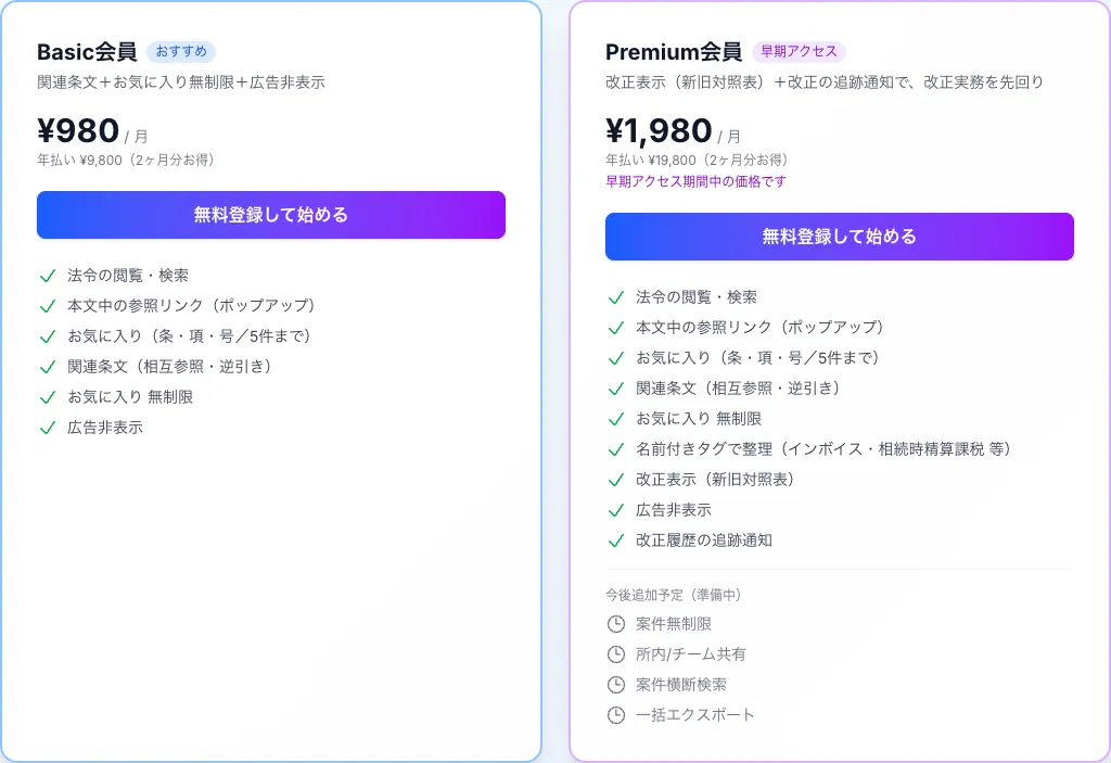 料金プラン。Premiumは早期アクセス価格 月額1,980円(税込・年払いは19,800円)
