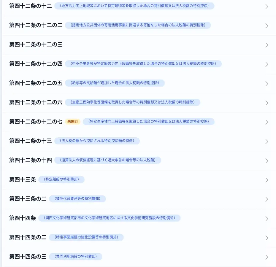 条文一覧では、改正で新しく追加される条に「未施行」バッジが表示されます(例:第四十二条の十二の七)